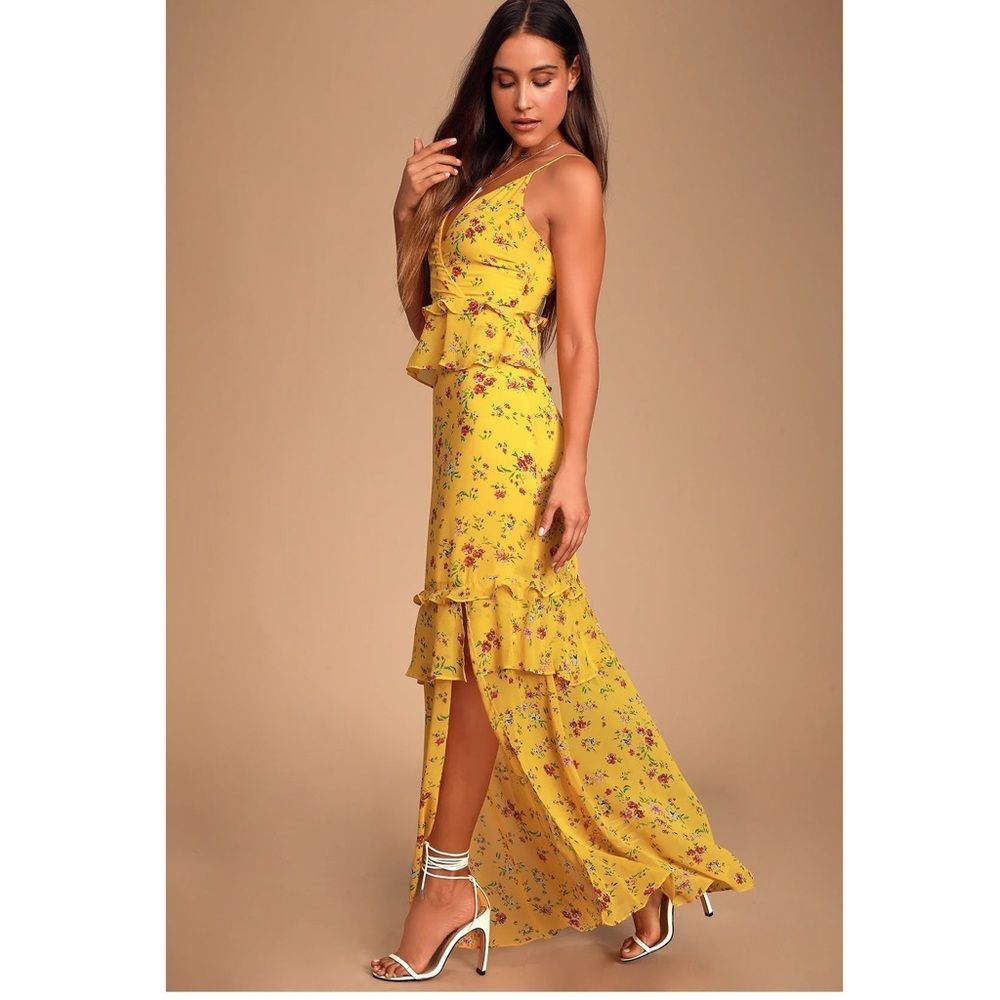 Lulu's Yellow Floral Ruffle Maxi Dress